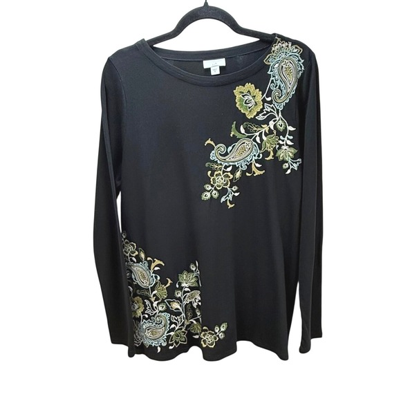 J. Jill Tops - J. Jill Top M Black Embroidered Paisley Floral Cotton Tencel Long Sleeve Tee